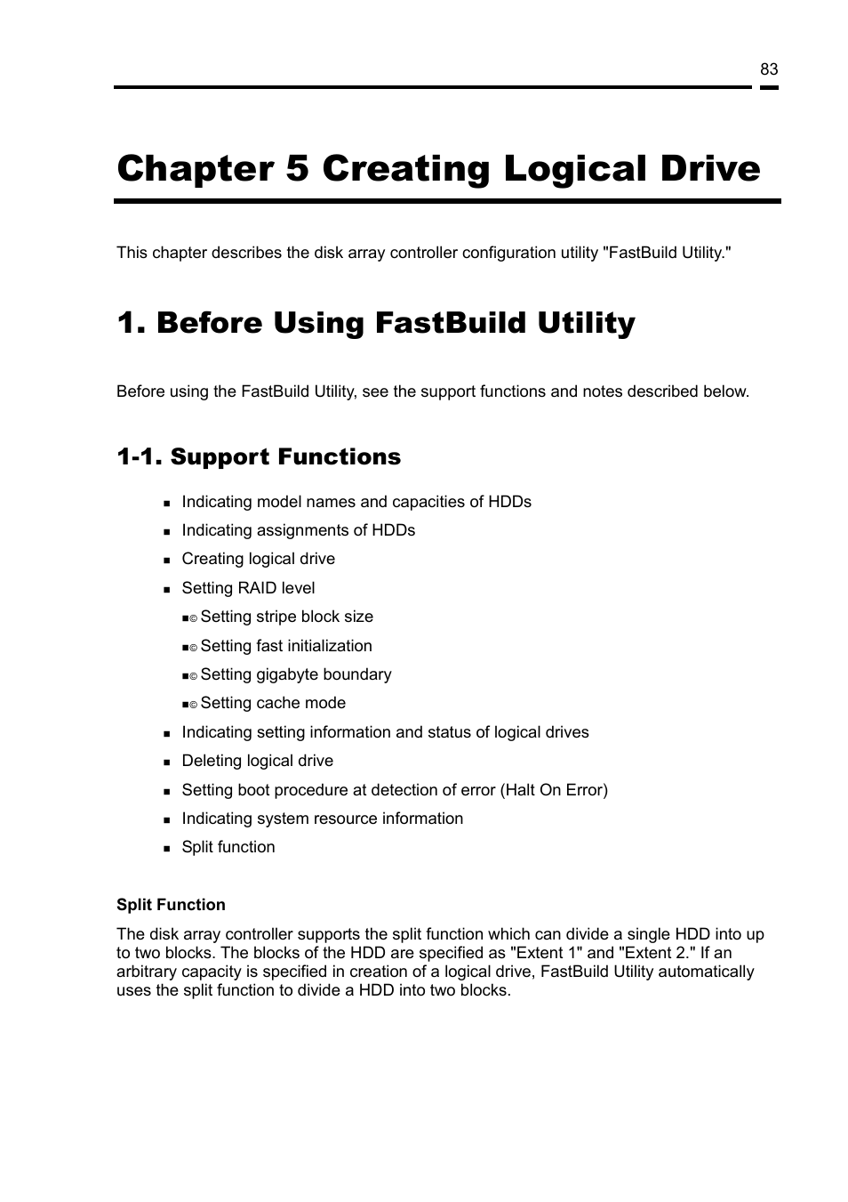 Chapter 5 creating logical drive, Before using fastbuild utility, 1. support functions | NEC Disk Array Controller N8103-89 User Manual | Page 103 / 128