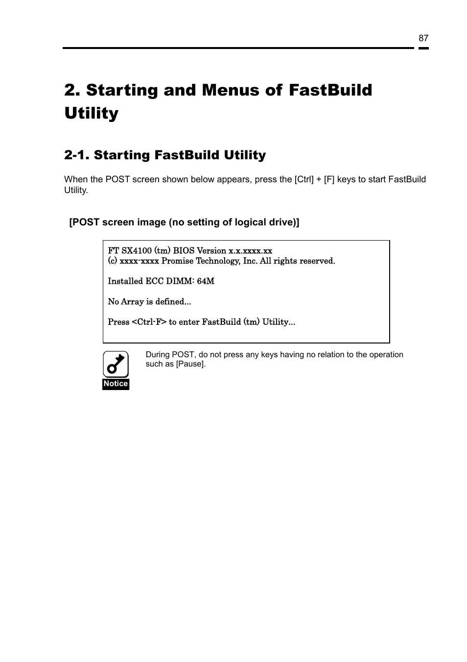 Starting and menus of fastbuild utility, 1. starting fastbuild utility | NEC Disk Array Controller N8103-89 User Manual | Page 107 / 128