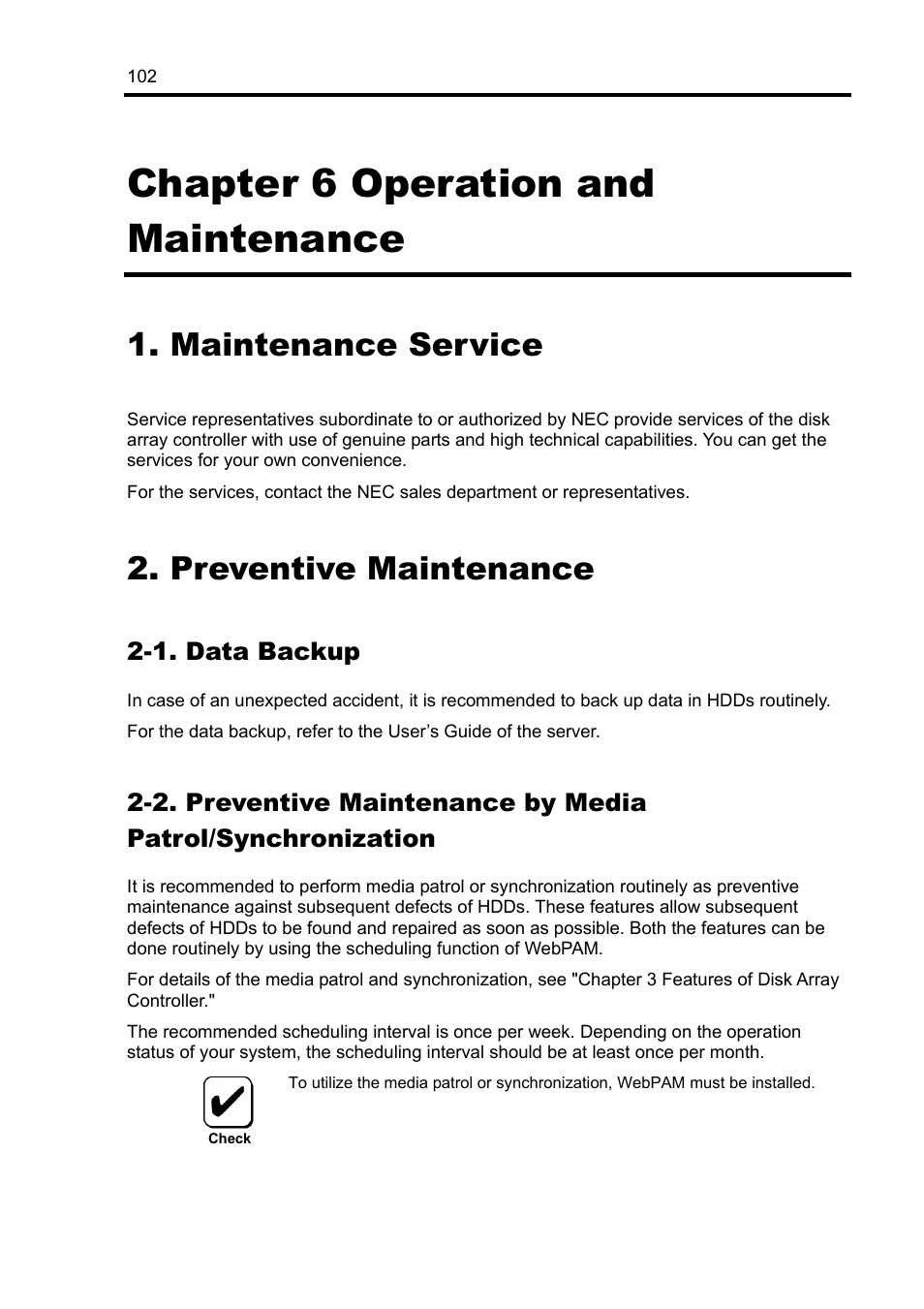 Chapter 6 operation and maintenance, Maintenance service, Preventive maintenance | 1. data backup | NEC Disk Array Controller N8103-89 User Manual | Page 122 / 128