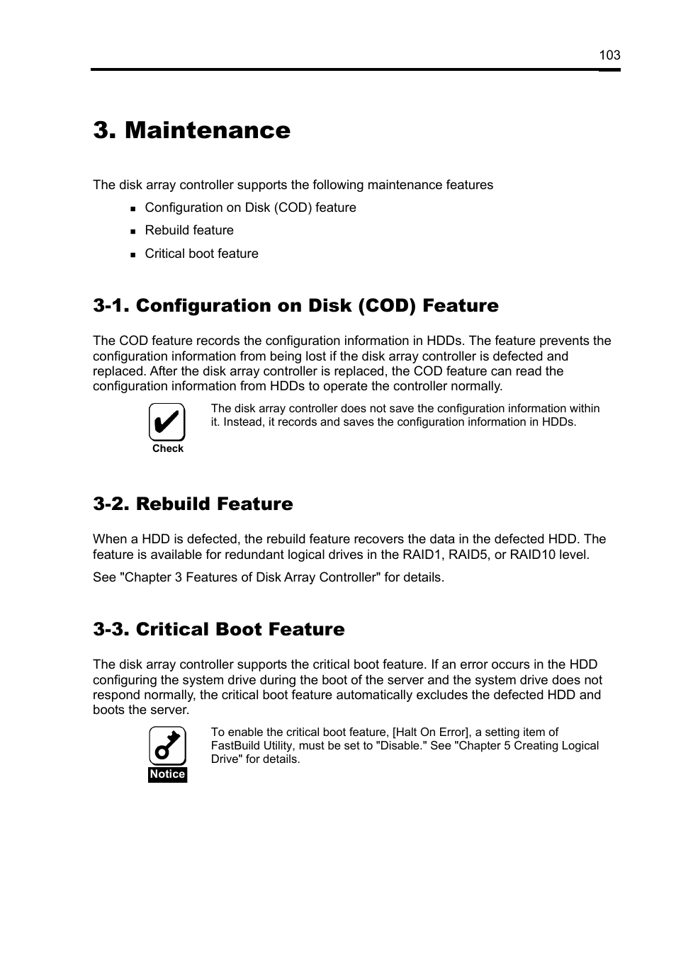 Maintenance, 1. configuration on disk (cod) feature, 2. rebuild feature | 3. critical boot feature | NEC Disk Array Controller N8103-89 User Manual | Page 123 / 128