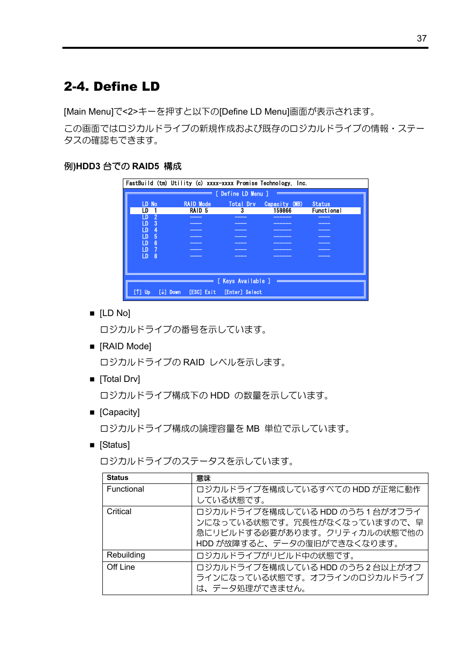 4. define ld | NEC Disk Array Controller N8103-89 User Manual | Page 57 / 128