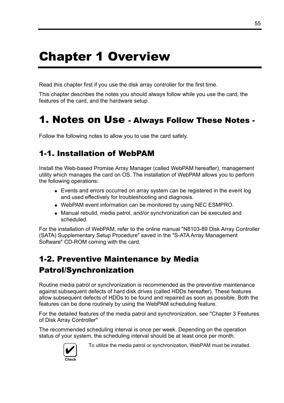 Chapter 1 overview, 1. installation of webpam | NEC Disk Array Controller N8103-89 User Manual | Page 75 / 128