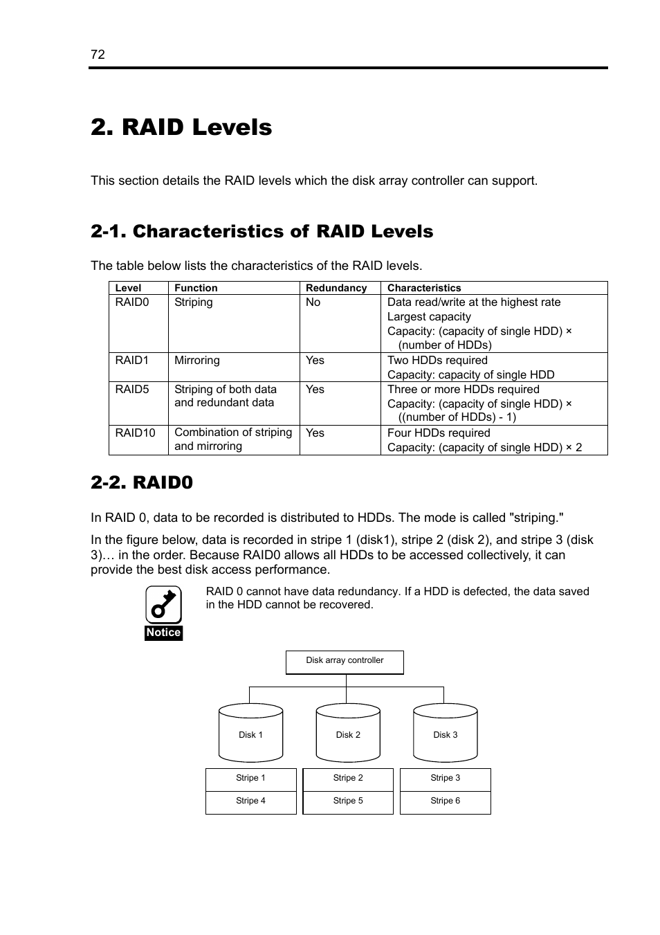 Raid levels, 1. characteristics of raid levels, 2. raid0 | NEC Disk Array Controller N8103-89 User Manual | Page 92 / 128
