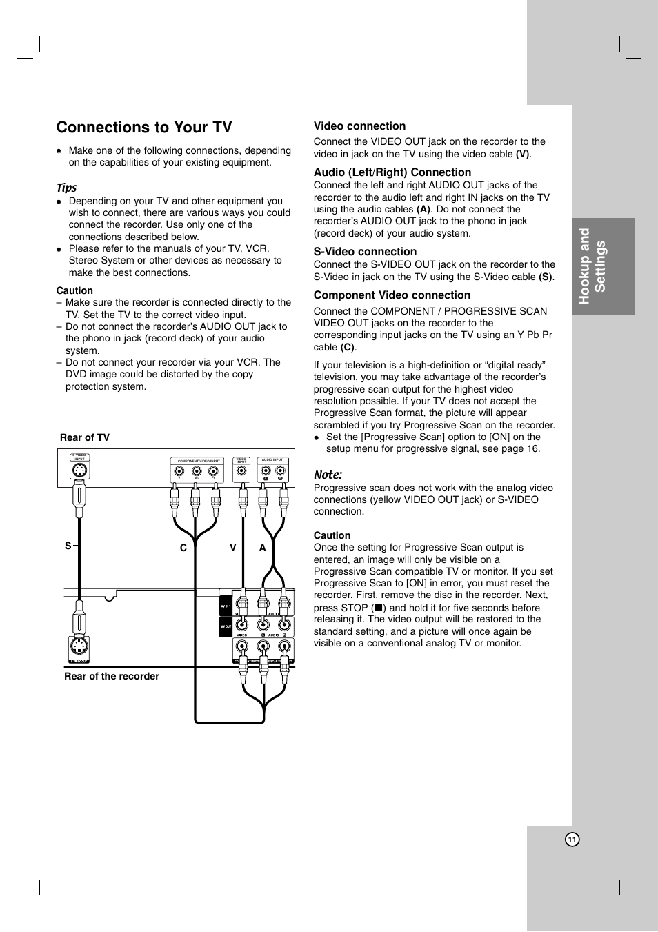 Connections to your tv, Hookup and settings, Video connection | Audio (left/right) connection, S-video connection, Component video connection | NEC NDH-81 User Manual | Page 11 / 57