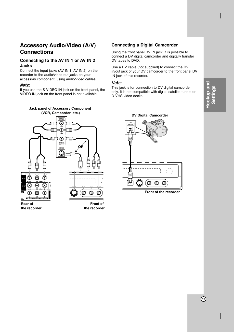 Accessory audio/video (a/v) connections, Hookup and settings, Connecting to the av in 1 or av in 2 jacks | Connecting a digital camcorder | NEC NDH-81 User Manual | Page 13 / 57