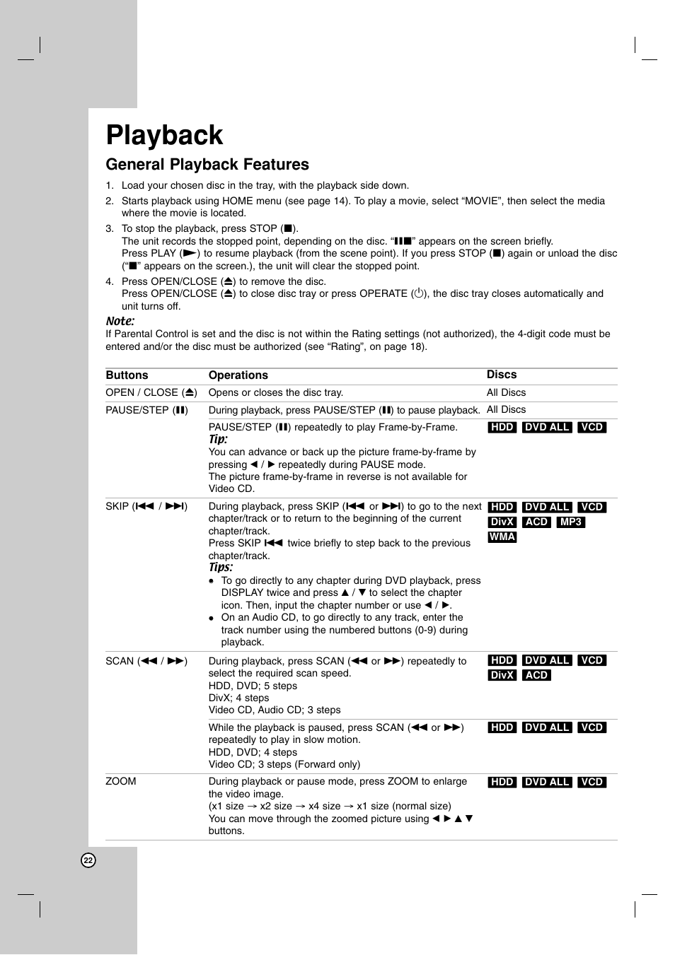 Playback, General playback features | NEC NDH-81 User Manual | Page 22 / 57