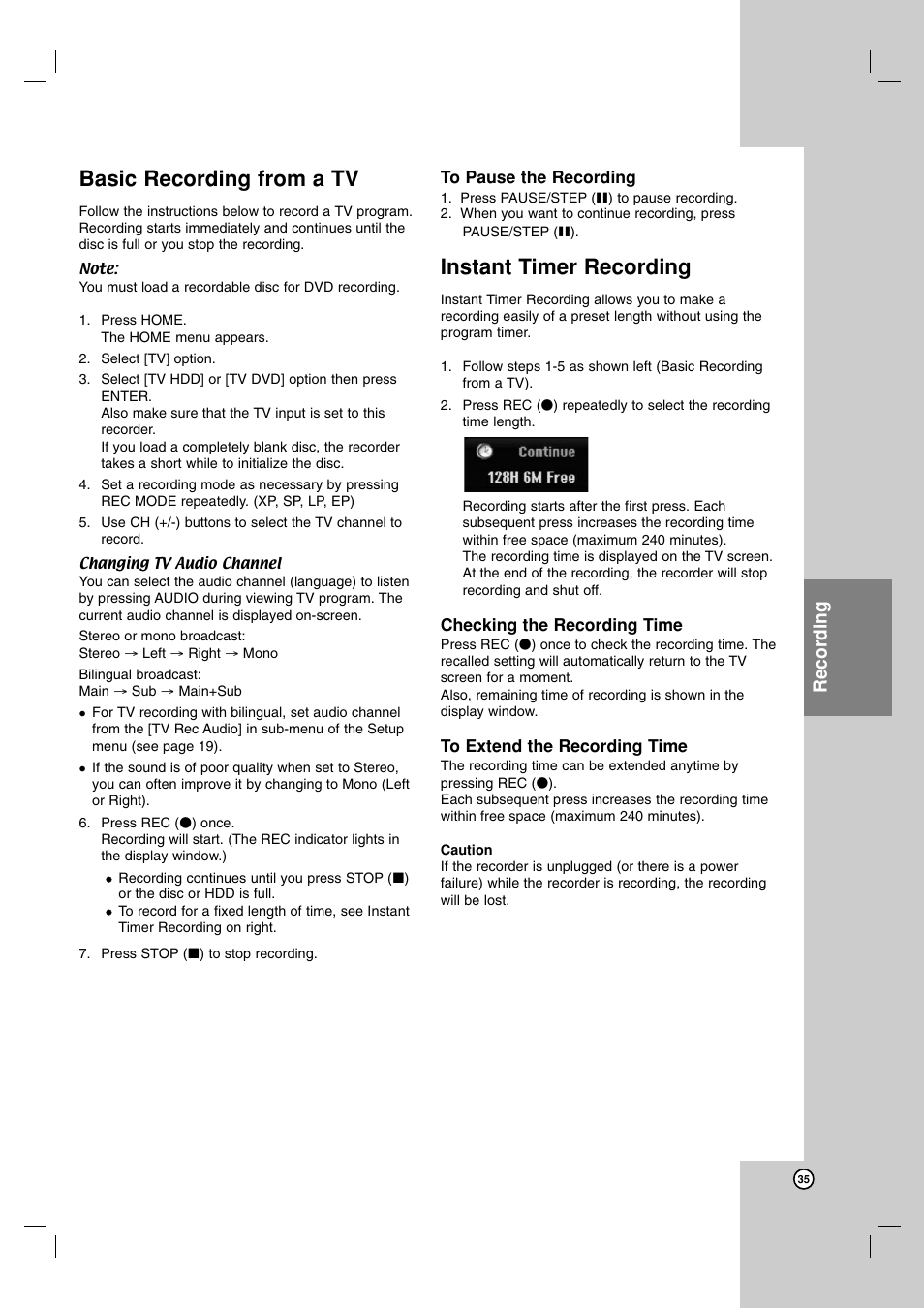 Basic recording from a tv, Instant timer recording, Recording | NEC NDH-81 User Manual | Page 35 / 57