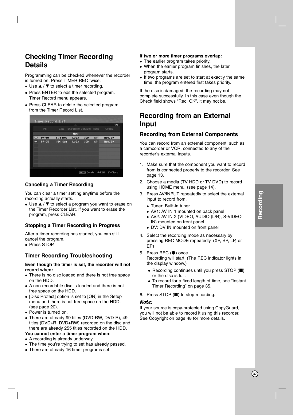 Checking timer recording details, Recording from an external input, Recording | NEC NDH-81 User Manual | Page 37 / 57