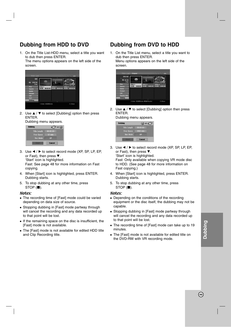 Dubbing from hdd to dvd, Dubbing from dvd to hdd, Dubbing | NEC NDH-81 User Manual | Page 49 / 57