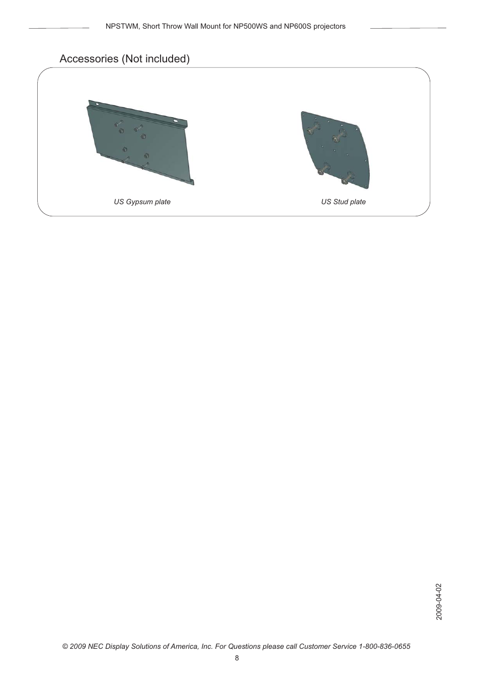 Accessories (not included) | NEC NPSTWM User Manual | Page 8 / 8