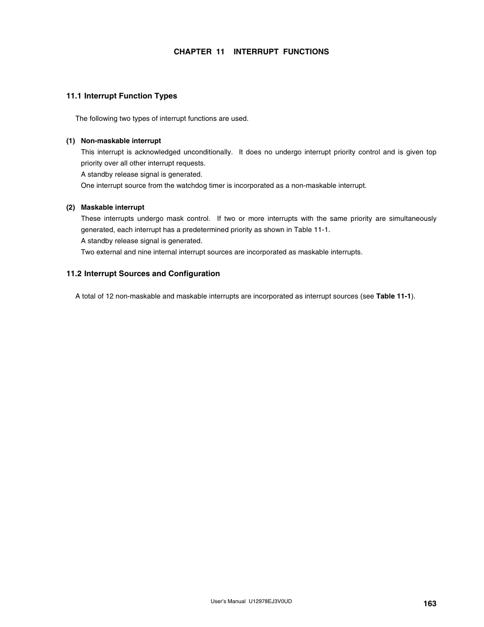 Chapter 11 interrupt functions, 1 interrupt function types, 2 interrupt sources and configuration | NEC switch User Manual | Page 163 / 234