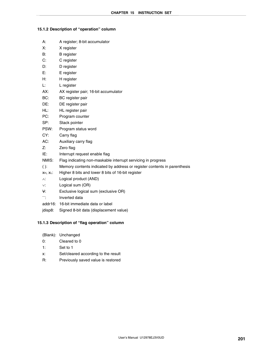 2 description of “operation” column, 3 description of “flag operation” column | NEC switch User Manual | Page 201 / 234