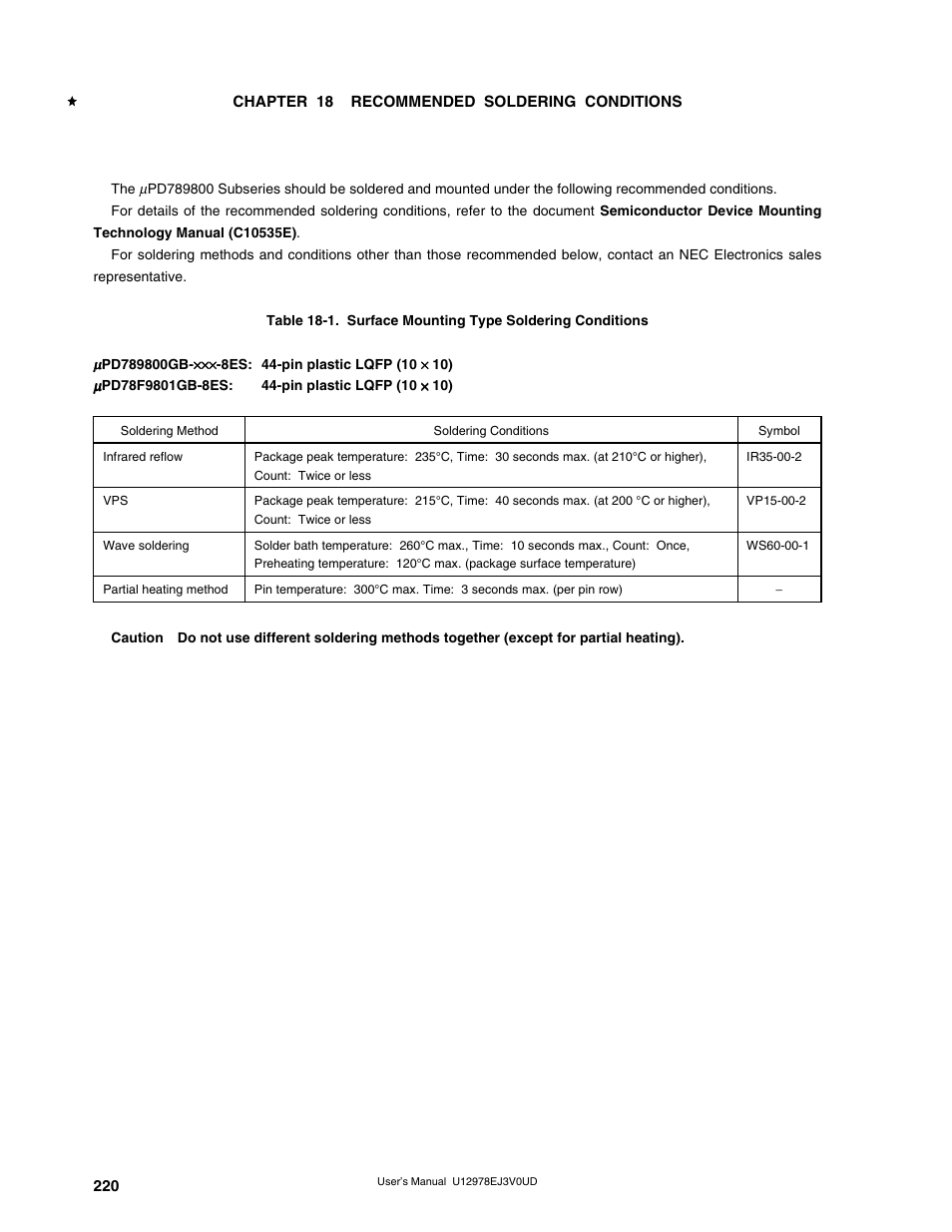 Chapter 18 recommended soldering conditions | NEC switch User Manual | Page 220 / 234