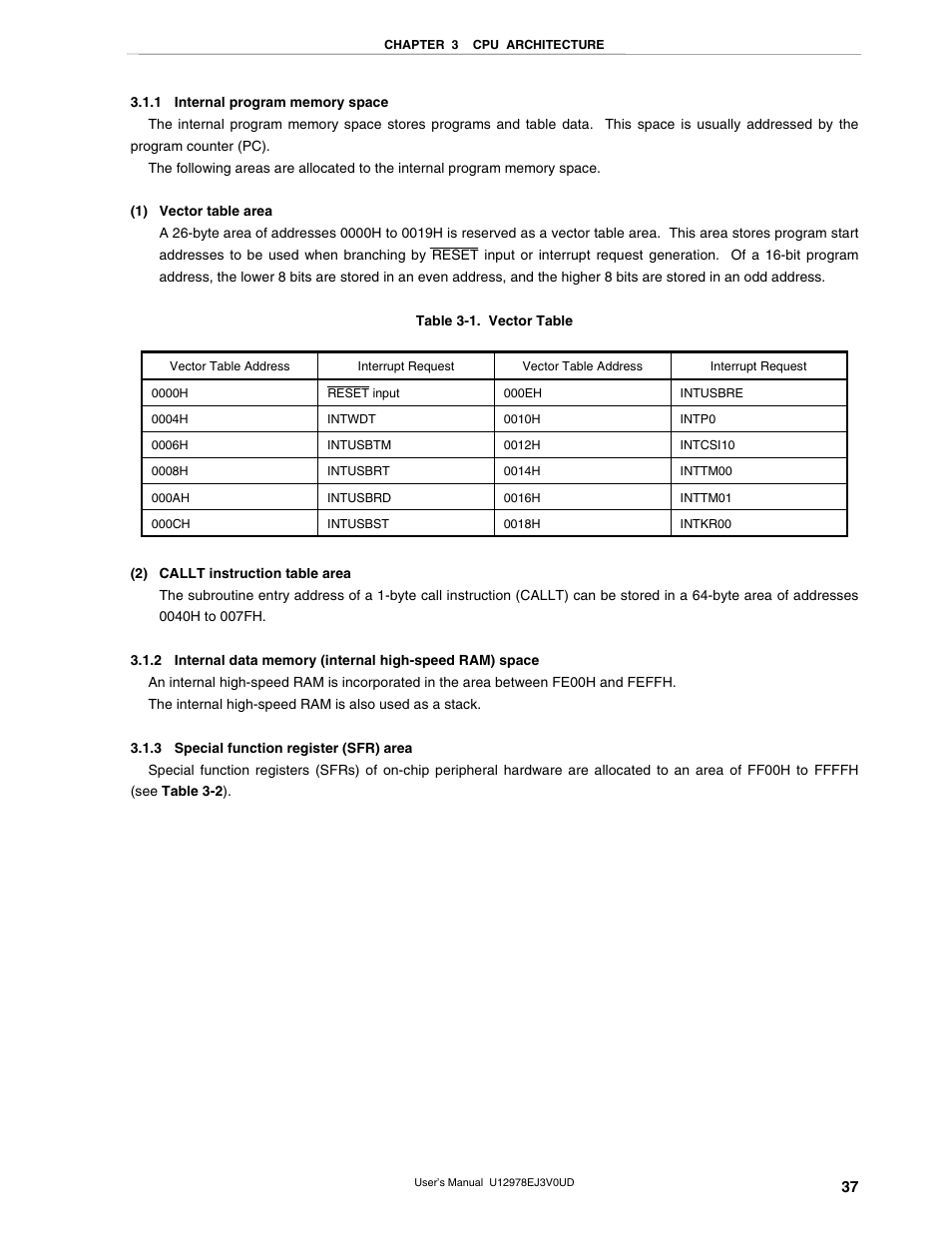 1 internal program memory space, 3 special function register (sfr) area | NEC switch User Manual | Page 37 / 234