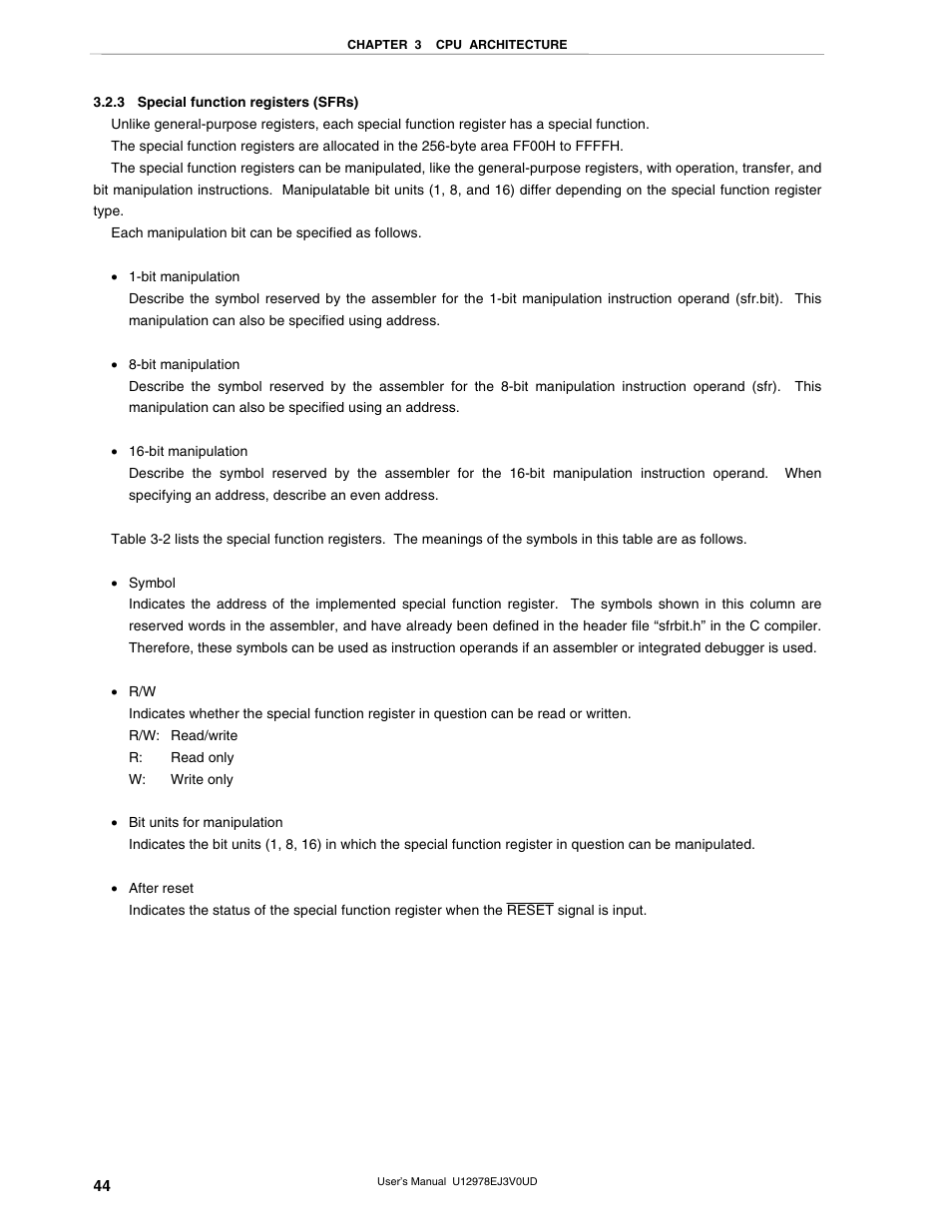 3 special function registers (sfrs) | NEC switch User Manual | Page 44 / 234