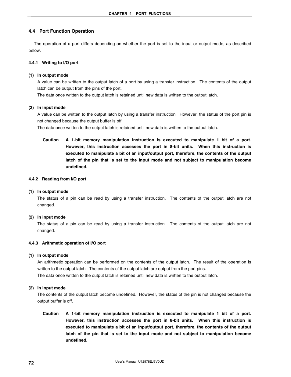 4 port function operation, 1 writing to i/o port, 2 reading from i/o port | 3 arithmetic operation of i/o port | NEC switch User Manual | Page 72 / 234