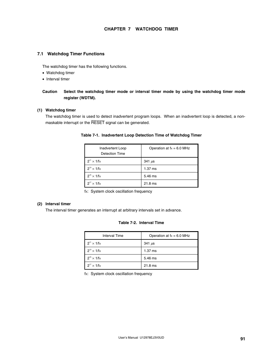 Chapter 7 watchdog timer, 1 watchdog timer functions | NEC switch User Manual | Page 91 / 234
