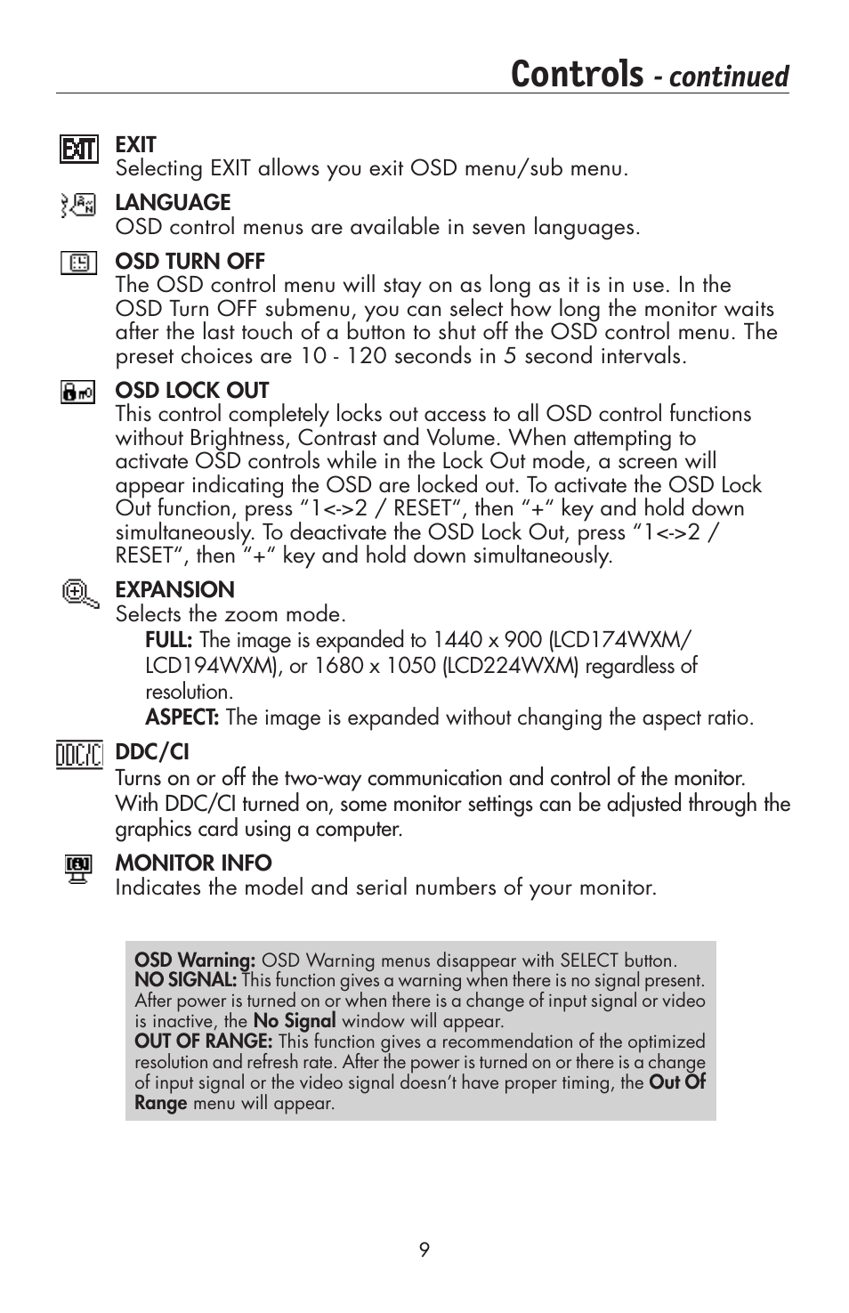 Controls, Continued | NEC AccuSync LCD224WXM User Manual | Page 11 / 78