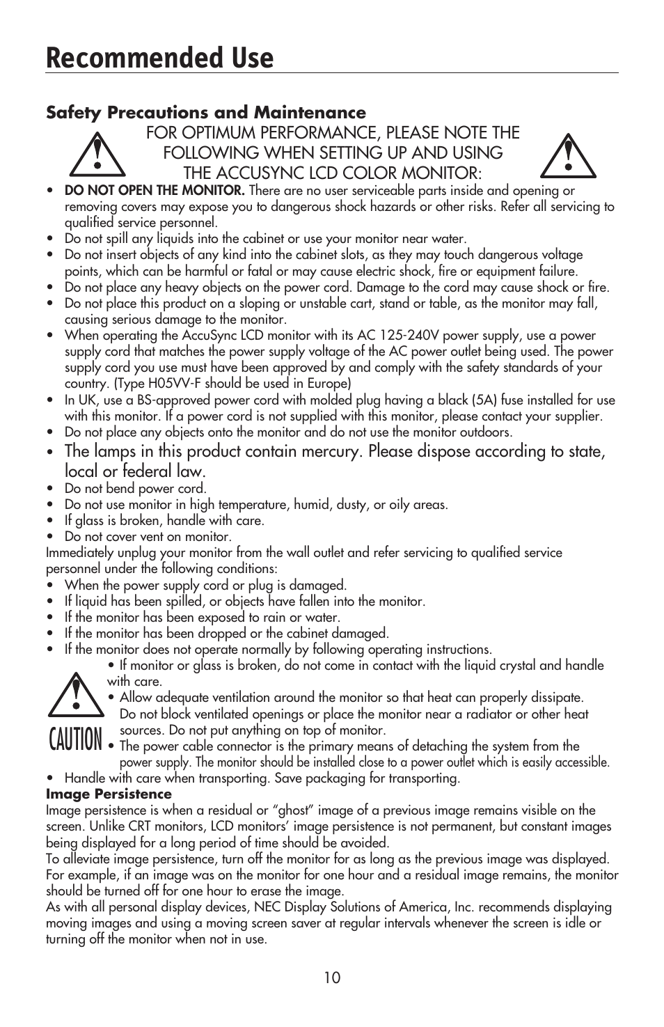 Caution recommended use | NEC AccuSync LCD224WXM User Manual | Page 12 / 78