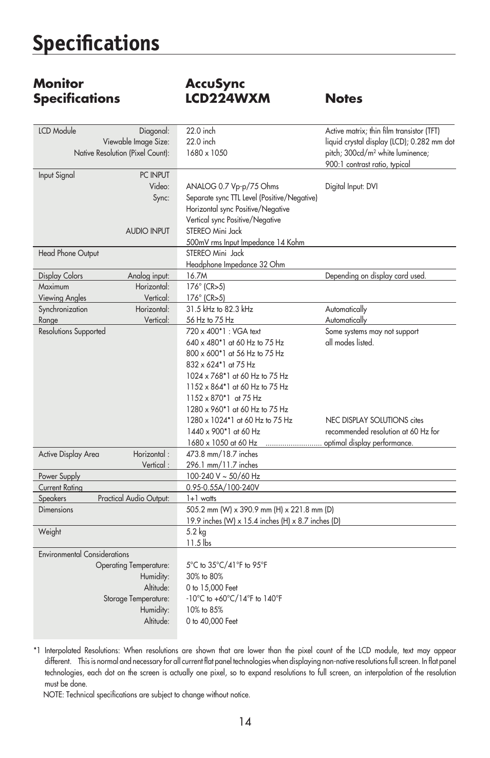 Speciﬁ cations | NEC AccuSync LCD224WXM User Manual | Page 16 / 78