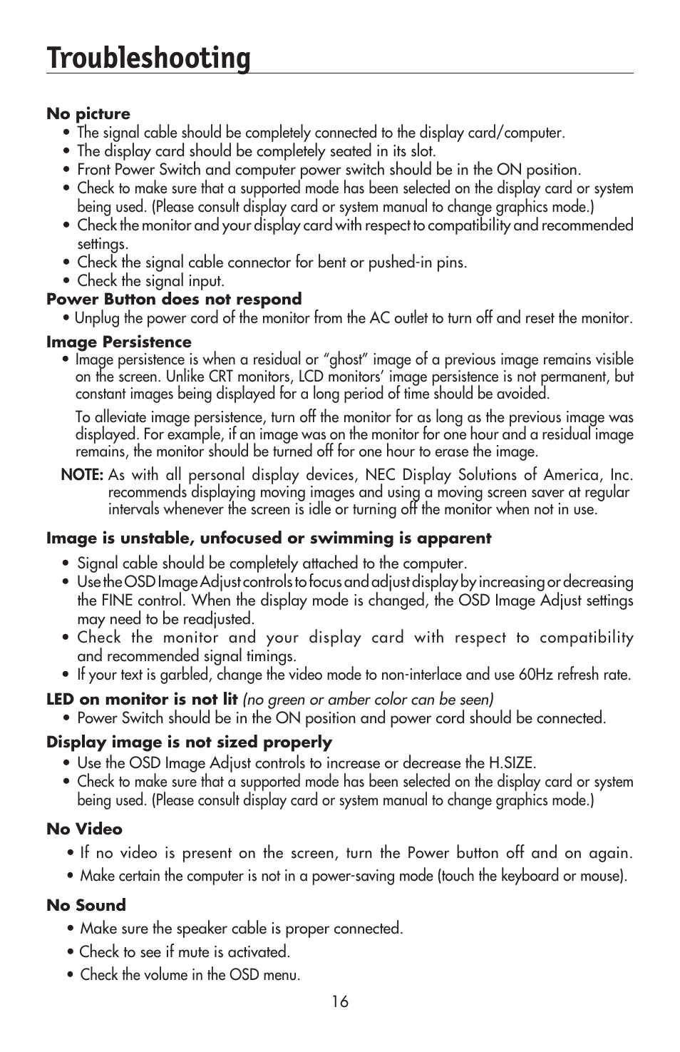 Troubleshooting | NEC AccuSync LCD224WXM User Manual | Page 18 / 78