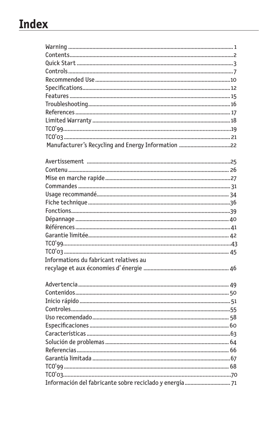 Index | NEC AccuSync LCD224WXM User Manual | Page 2 / 78