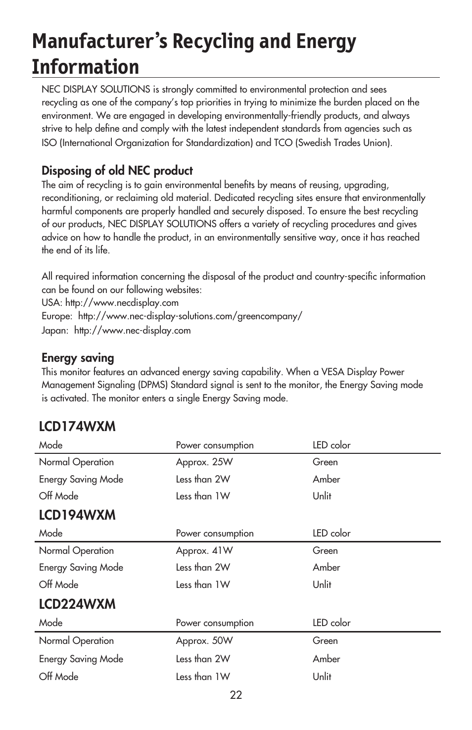 Manufacturer’s recycling and energy information, Lcd174wxm, Lcd194wxm | Lcd224wxm, Disposing of old nec product, Energy saving | NEC AccuSync LCD224WXM User Manual | Page 24 / 78