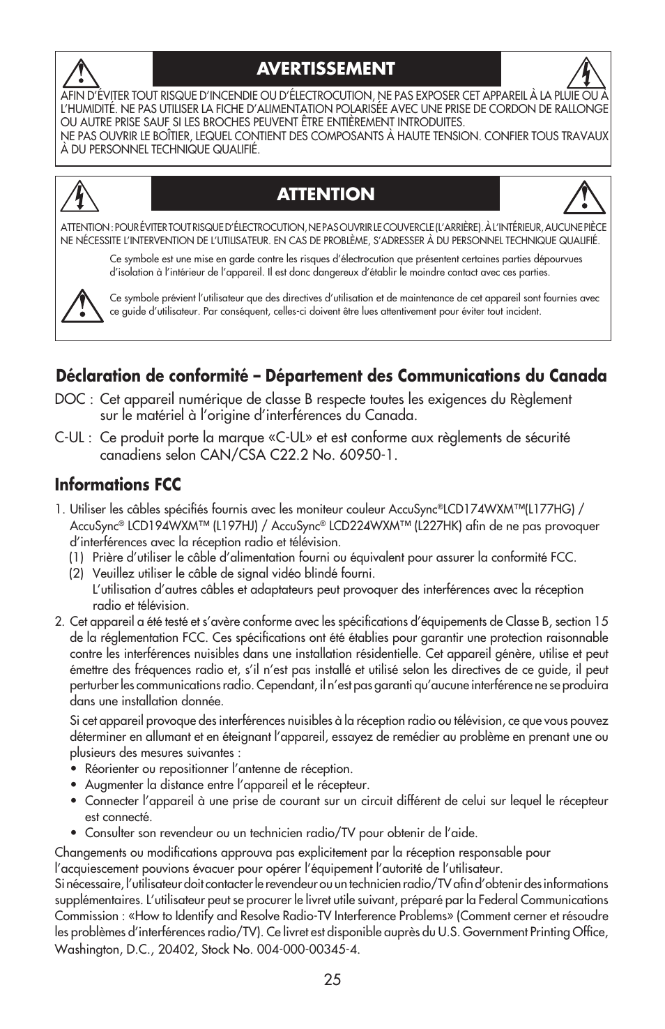 Avertissement attention, Informations fcc | NEC AccuSync LCD224WXM User Manual | Page 26 / 78