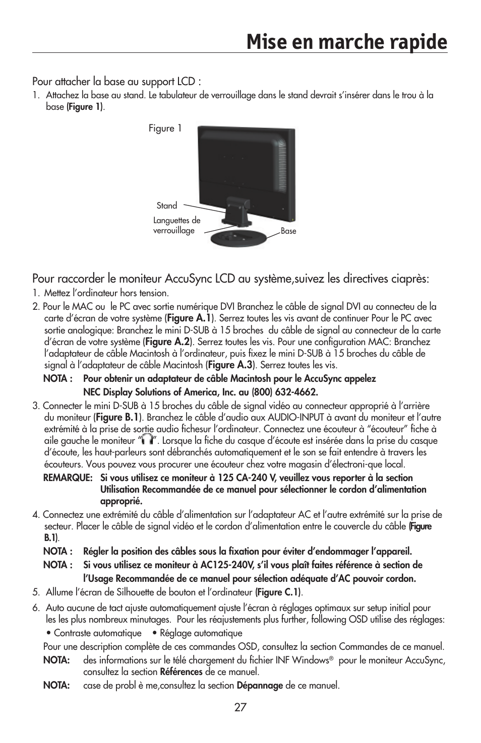 Mise en marche rapide | NEC AccuSync LCD224WXM User Manual | Page 28 / 78