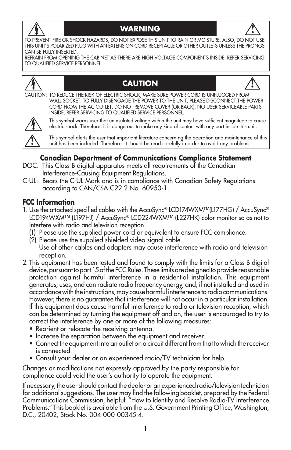 Fcc information | NEC AccuSync LCD224WXM User Manual | Page 3 / 78