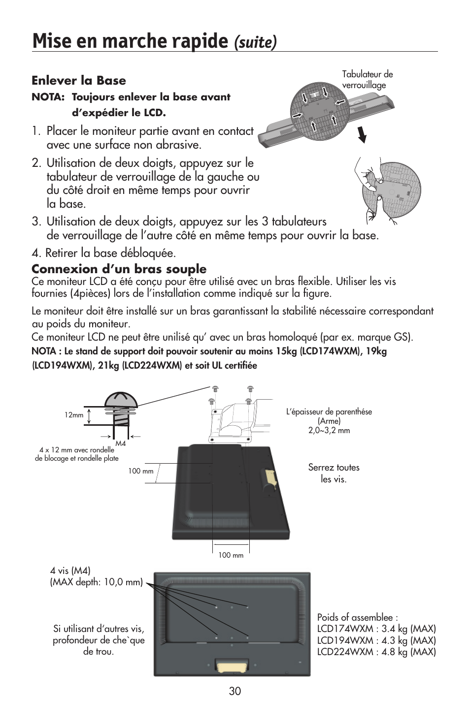 Mise en marche rapide, Suite), Enlever la base | NEC AccuSync LCD224WXM User Manual | Page 31 / 78