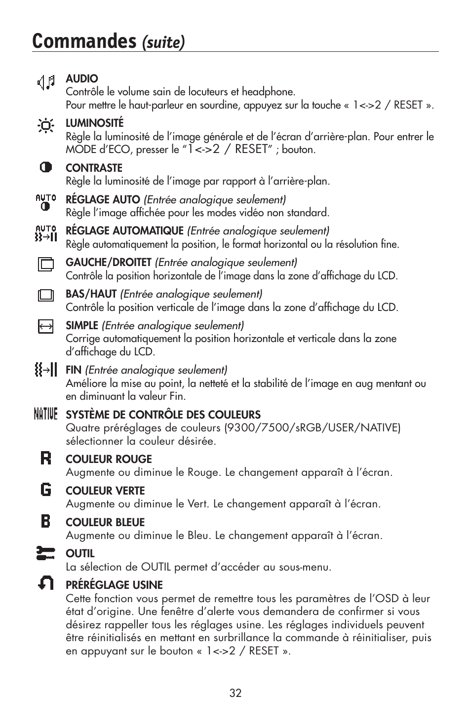 Commandes, Suite) | NEC AccuSync LCD224WXM User Manual | Page 33 / 78