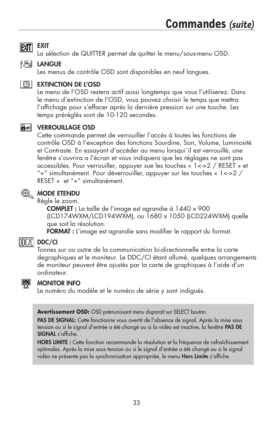 Commandes, Suite) | NEC AccuSync LCD224WXM User Manual | Page 34 / 78