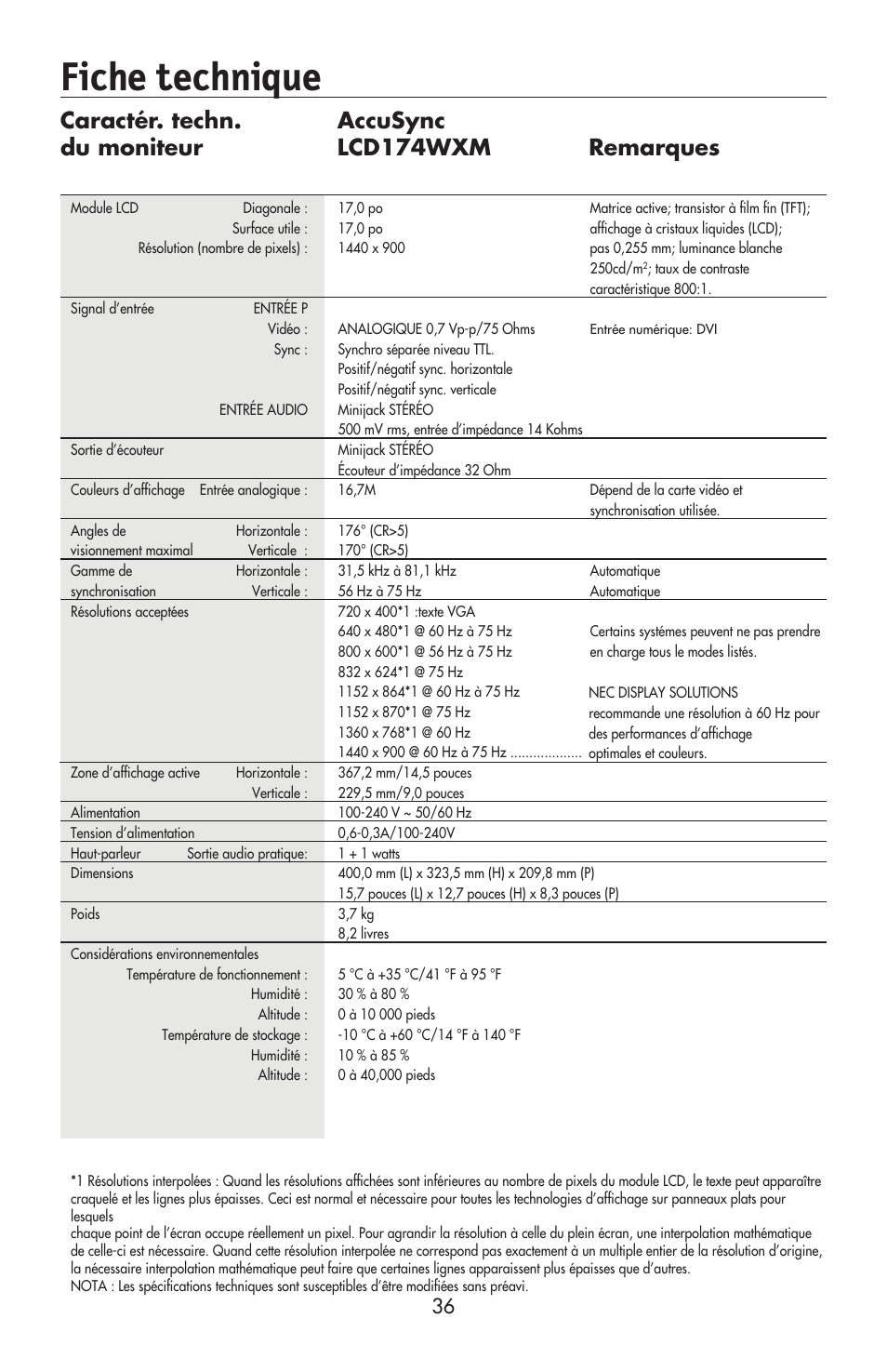 Fiche technique | NEC AccuSync LCD224WXM User Manual | Page 37 / 78