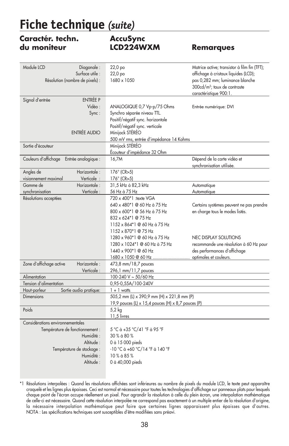 Fiche technique, Suite) | NEC AccuSync LCD224WXM User Manual | Page 39 / 78