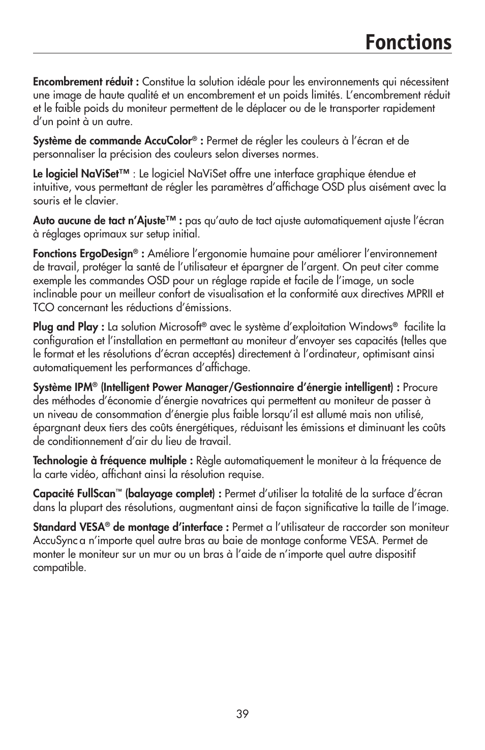 Fonctions | NEC AccuSync LCD224WXM User Manual | Page 40 / 78