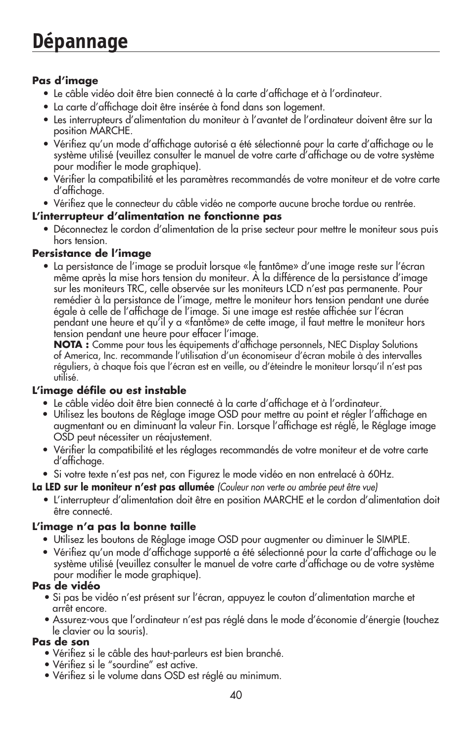 Dépannage | NEC AccuSync LCD224WXM User Manual | Page 41 / 78