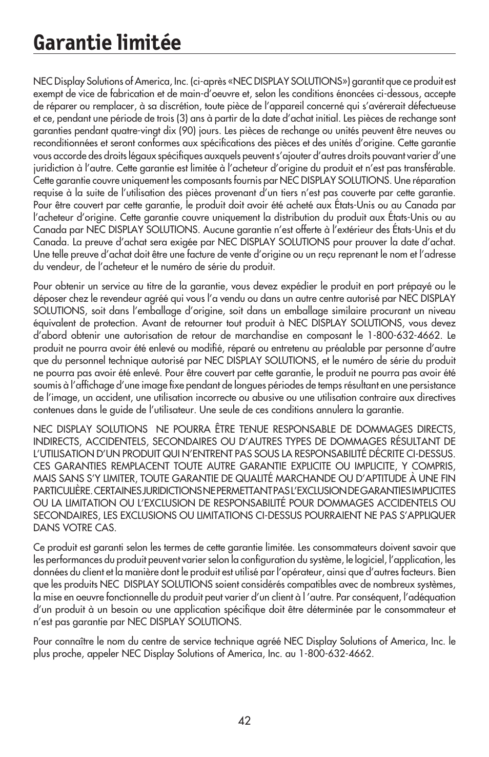 Garantie limitée | NEC AccuSync LCD224WXM User Manual | Page 43 / 78