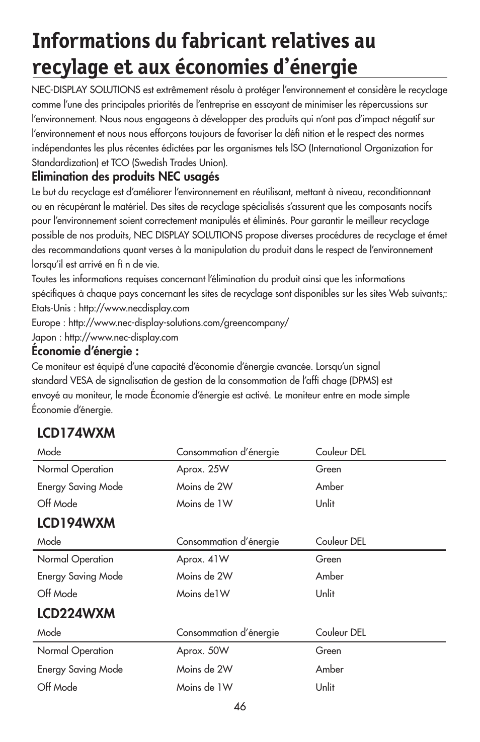 Lcd174wxm, Lcd194wxm, Lcd224wxm | Elimination des produits nec usagés, Économie d’énergie | NEC AccuSync LCD224WXM User Manual | Page 47 / 78