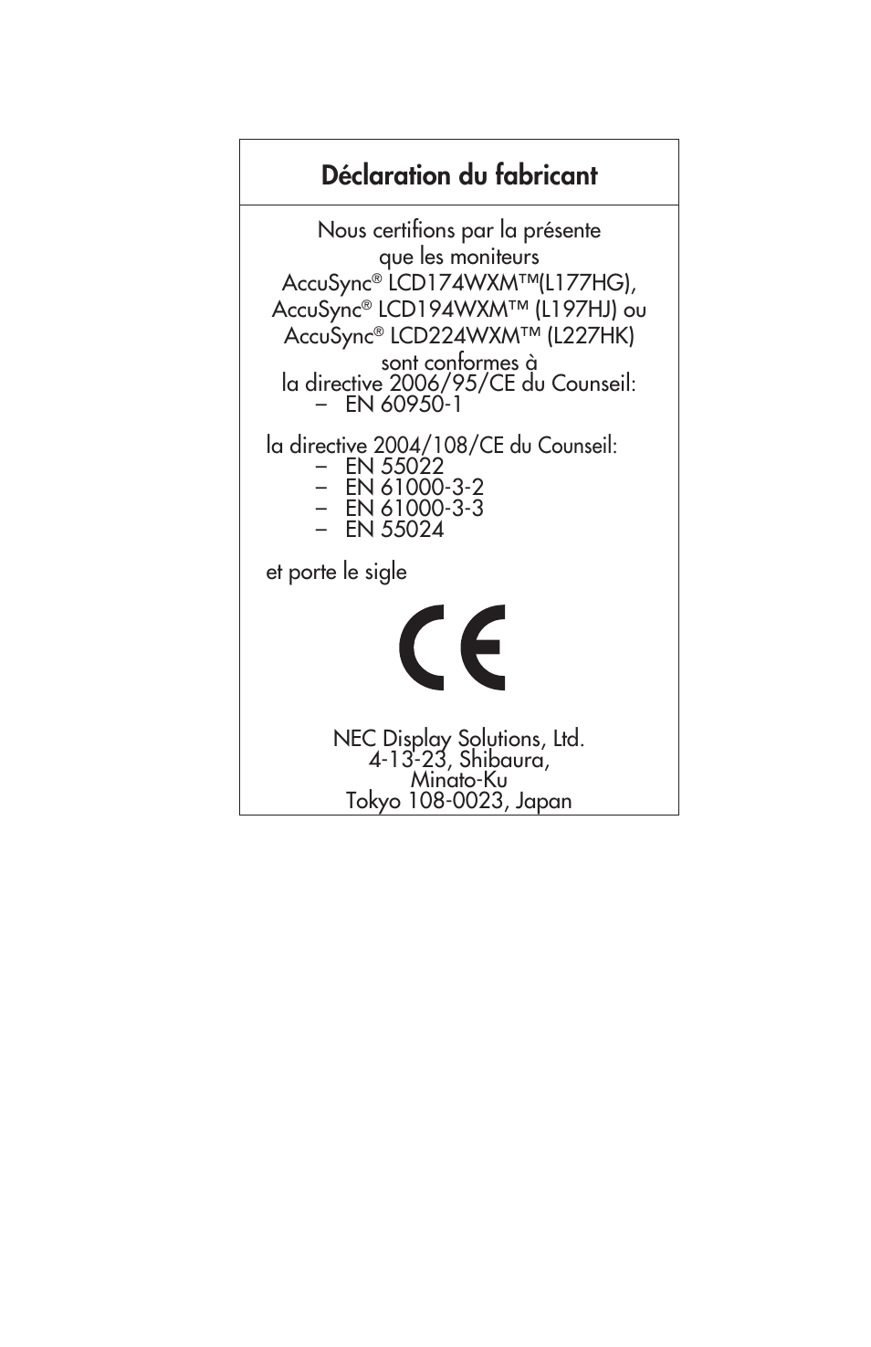 Déclaration du fabricant | NEC AccuSync LCD224WXM User Manual | Page 48 / 78