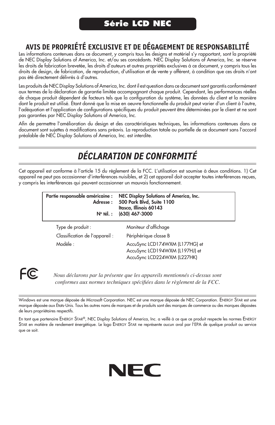 Déclaration de conformité, Avis de propri, Exclusive et de d | Gagement de responsabilit, Série lcd nec | NEC AccuSync LCD224WXM User Manual | Page 49 / 78