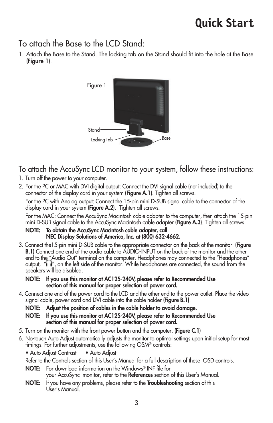 Quick start | NEC AccuSync LCD224WXM User Manual | Page 5 / 78