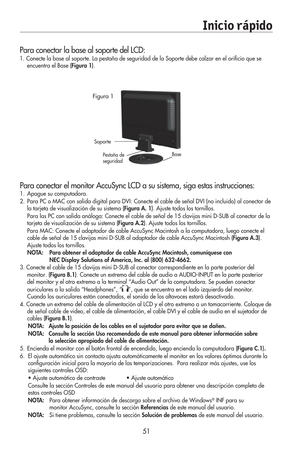 Inicio rápido, Para conectar la base al soporte del lcd | NEC AccuSync LCD224WXM User Manual | Page 52 / 78