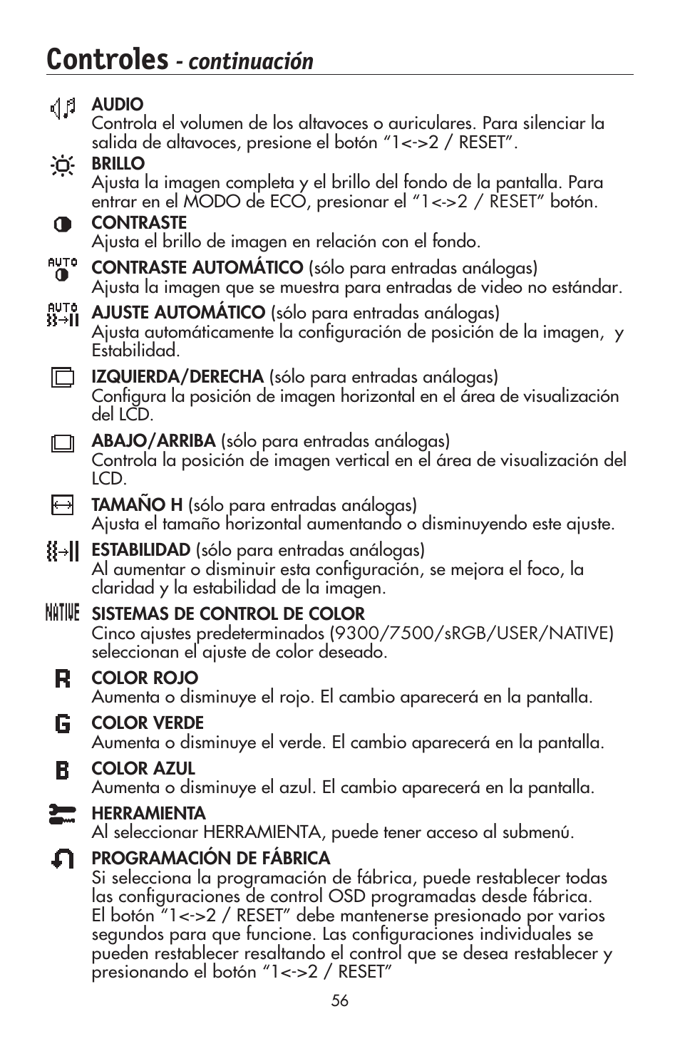 Controles, Continuación | NEC AccuSync LCD224WXM User Manual | Page 57 / 78