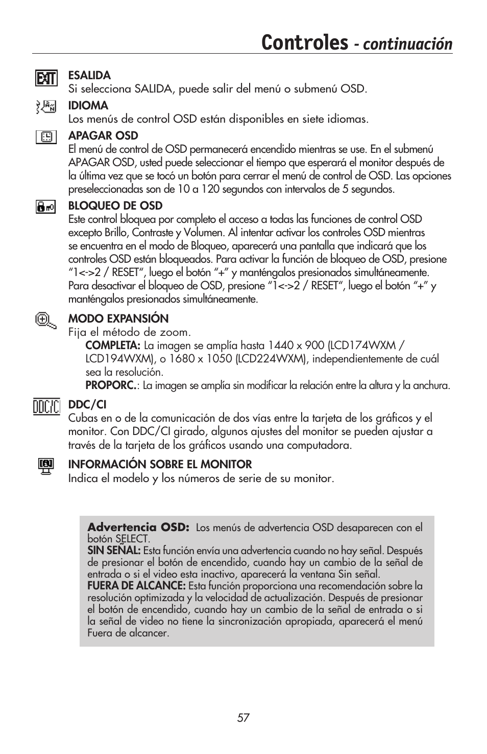 Controles, Continuación | NEC AccuSync LCD224WXM User Manual | Page 58 / 78