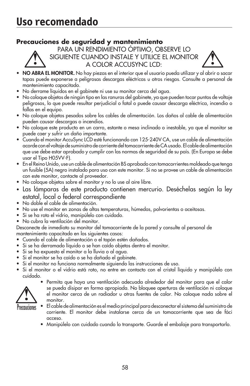 Uso recomendado, Precauciones | NEC AccuSync LCD224WXM User Manual | Page 59 / 78