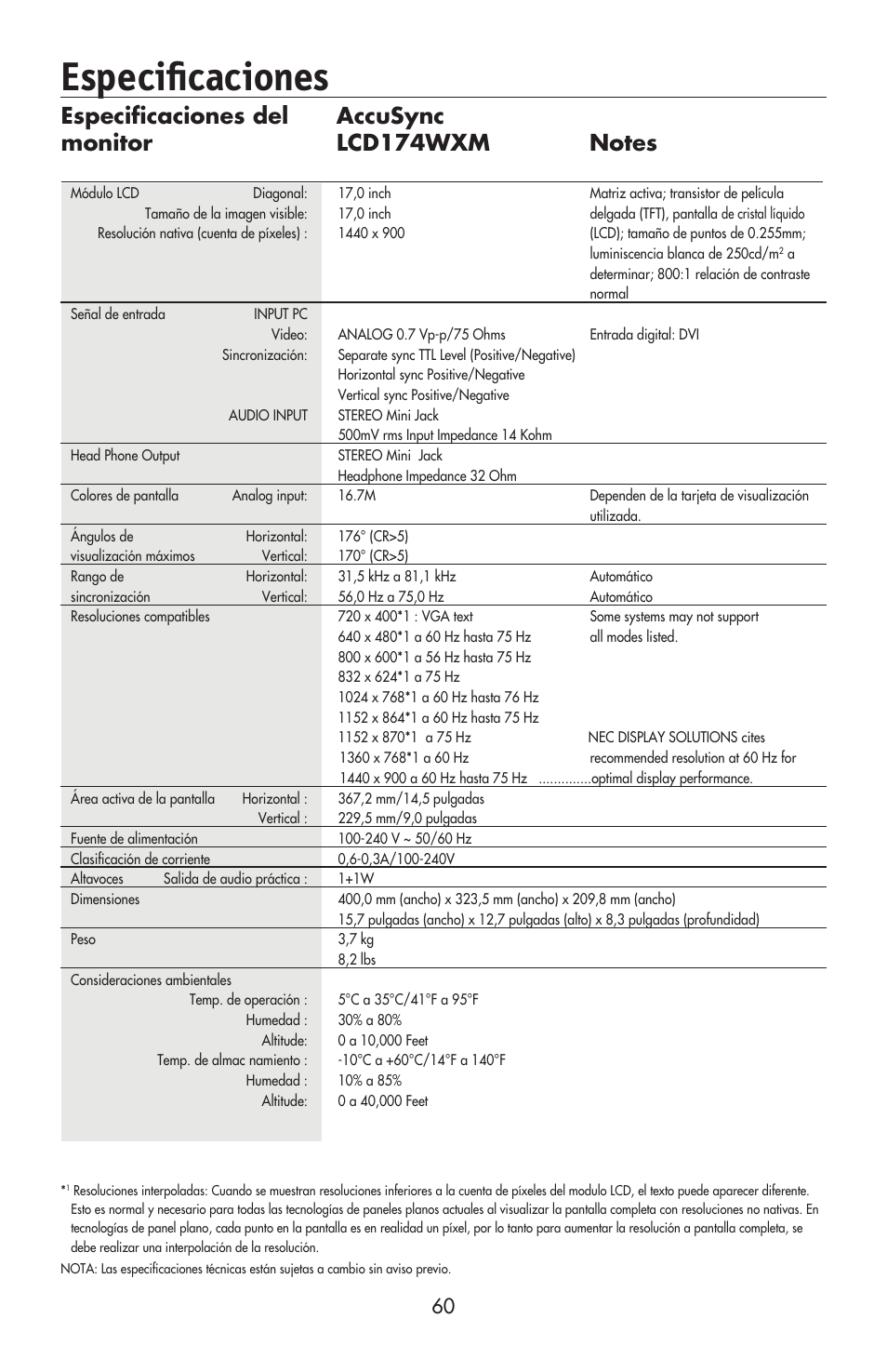 Especiﬁ caciones | NEC AccuSync LCD224WXM User Manual | Page 61 / 78