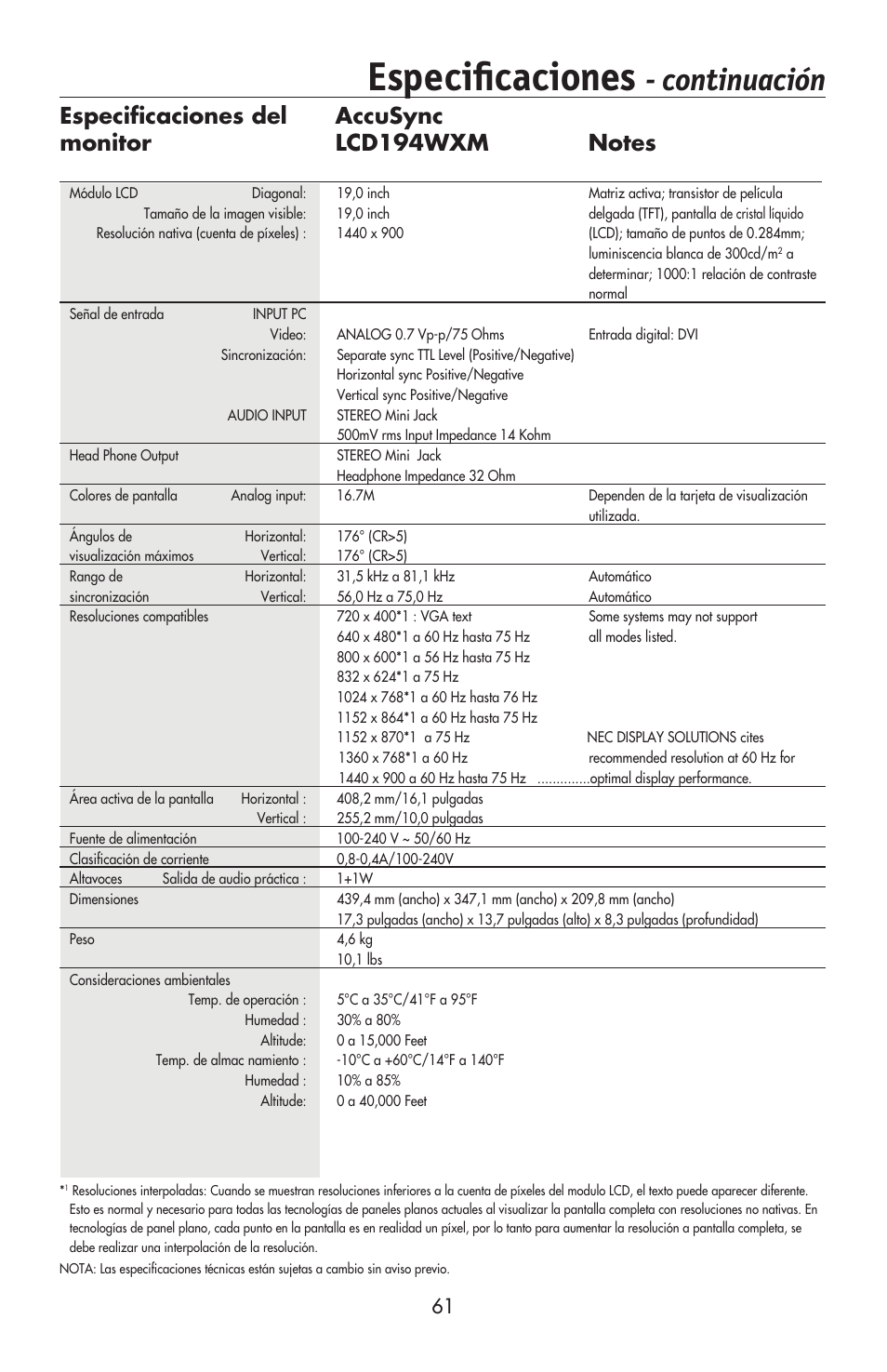 Especiﬁ caciones, Continuación | NEC AccuSync LCD224WXM User Manual | Page 62 / 78