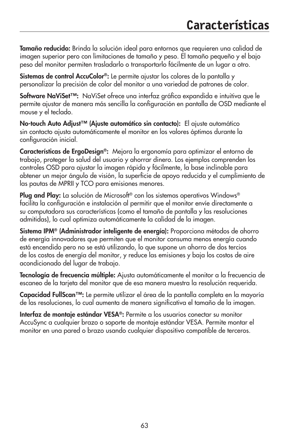 Características | NEC AccuSync LCD224WXM User Manual | Page 64 / 78