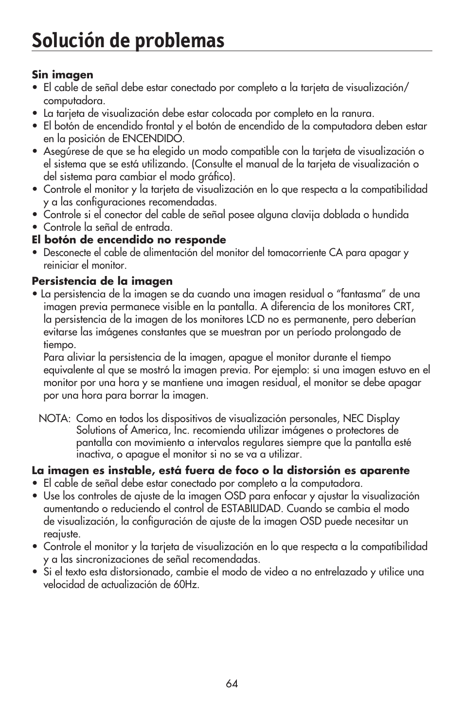 Solución de problemas | NEC AccuSync LCD224WXM User Manual | Page 65 / 78